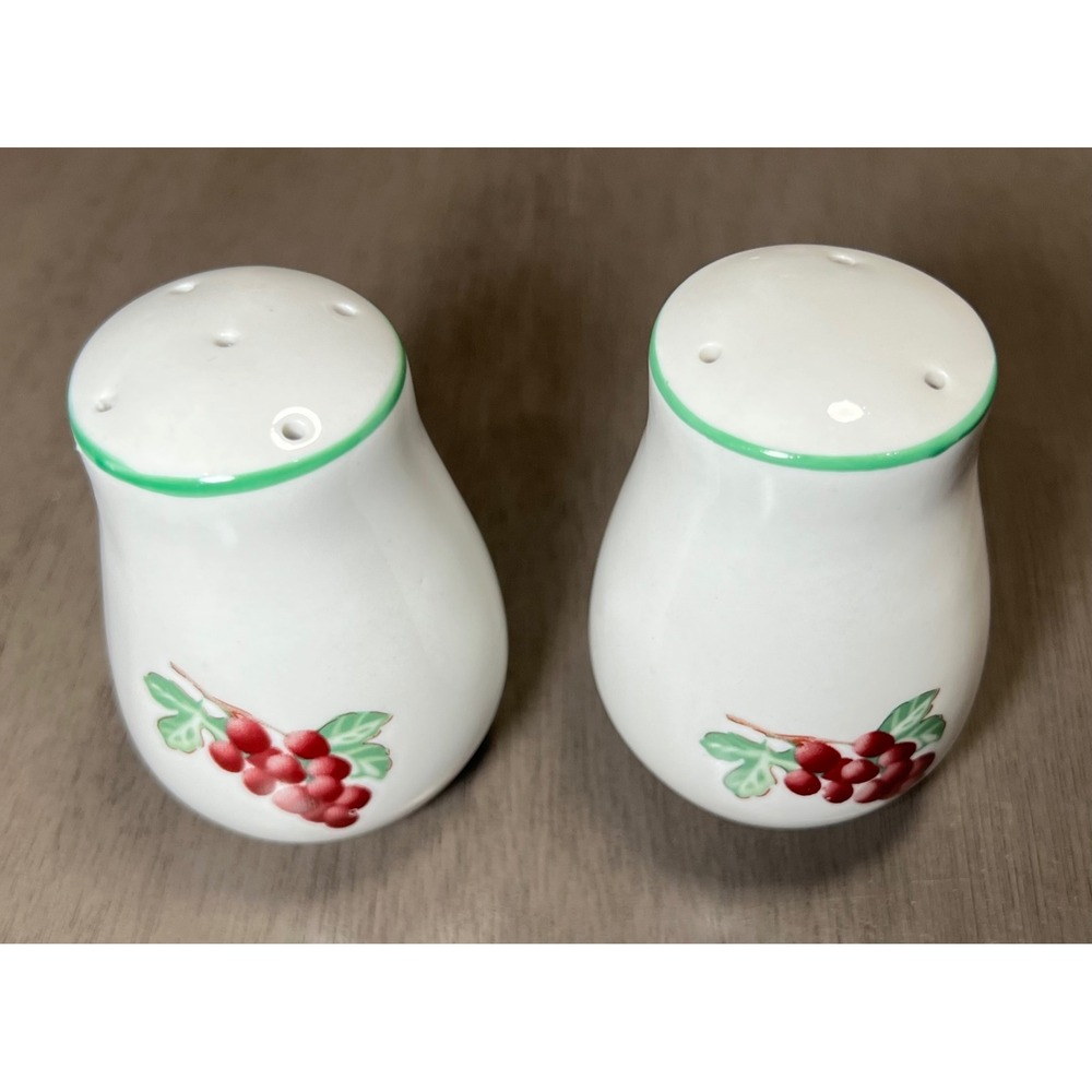 Vintage Ceramic Salt and Pepper Shakers Red Berries Fruit White Green Trim Set
